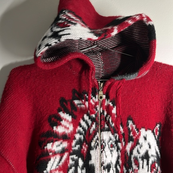 Ruminahui Wool Jacket Sweater Red/Black Native American Wolf - Picture 4 of 8
